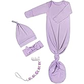 Newborn Baby Knotted Gown, Super Soft Silky Infant Long Sleeve Sleeper for Baby Girl and Boy Sleeping Bag with Mittens and Hat & Bowknot Set (Extra Long),Coming Home Outfit