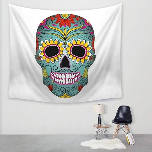 Tapiz De Pared Colgante，Cráneo Exagerada Impresión De Flores Colgantes