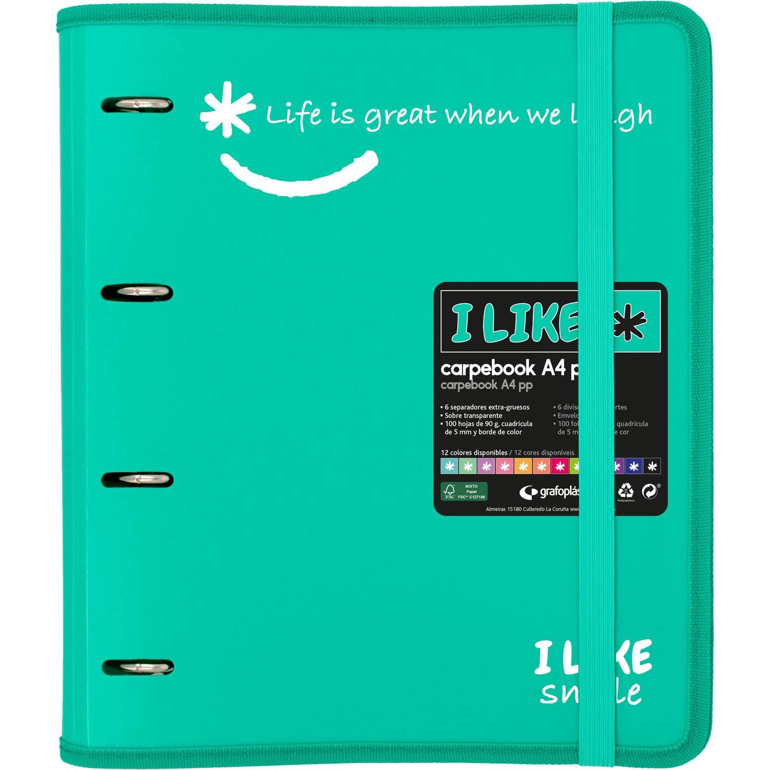 Grafoplás 88101836 4 Ring Binder with Refill, A4, Turquoise, Semi-Rigid Polypropylene, Includes Dividers, Carpebook Like