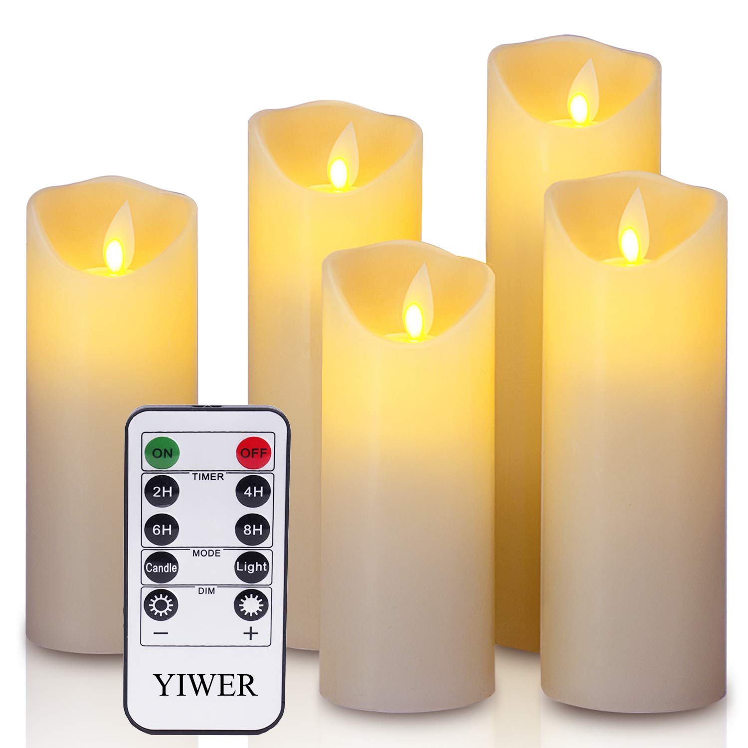LED Candles 5.5"/6"/6.5"/7"/8"Set of 5 Real Wax Battery Flameless Candles Include Realistic Dancing LED Flames and 10-key Remote Control with 2/4/6/8-hours Timer Function, 300+ Hours-YIWER (5x1,Ivory)