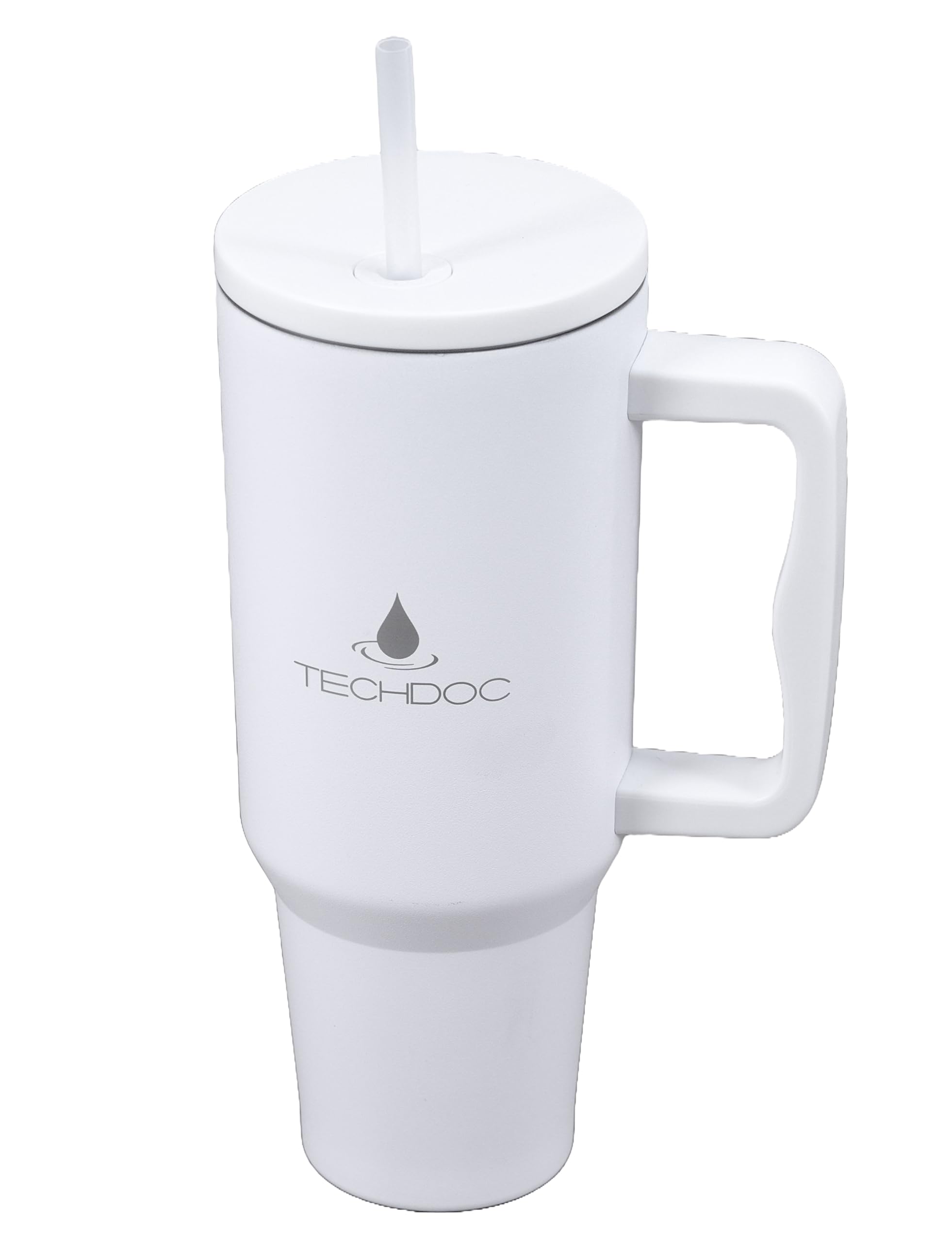 TechDoc 40 oz Insulated Tumbler with Handle & Straw | Stainless Steel Water Bottle | Vacuum Travel Mug | Iced Coffee Cup | Hot & Cold Drinks | Gift for Him & Her | White | 1180ml