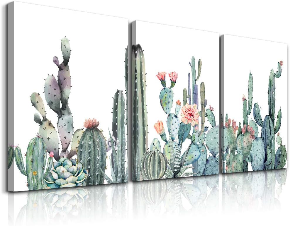 Canvas Wall Art for bedroom living room Canvas Prints Artwork bathroom Wall Decor Green plants cactus flower watercolor painting 16" x 24" 3 Pieces modern Framed Ready to hang Office Home Decoration