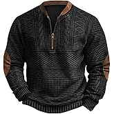 Mens Vintage Quarter Zip Sweatshirt, Knit Print Graphic Casual Long Sleeve Stand Collar Western Pullover Sweatshirts