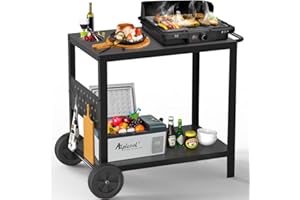 MEXMIODY Grill Table with Double-Shelf, Movable Pizza Oven Stand Table, Outdoor Kitchen Island, Grill Cart for Blackstone Griddle 17"/22", Ninjia Grill (5 Utensil Hooks Included)