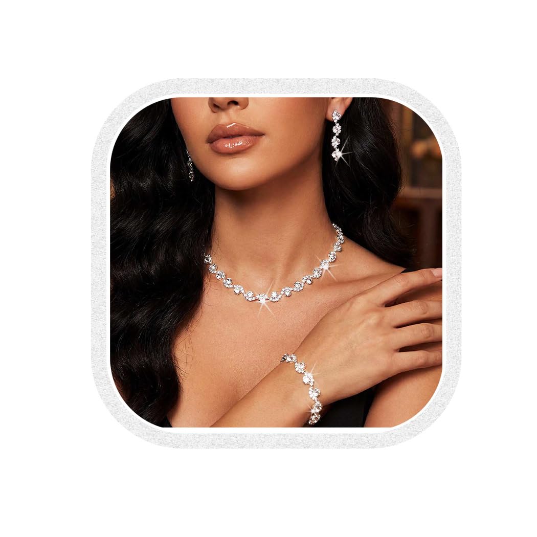 Ushiny Wedding Jewellery Set Silver Bridal Sparkly Rhinestone Necklace Earrings Bracelet Set Sparkly Crystal Jewellery Set for Women and Girls