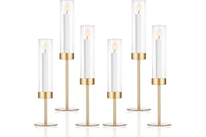POKINE Tall Hurricane Candle Holders Set of 6, Gold Glass Taper Candlestick Holders for Wedding, Christmas, Dining Table, Party & Home Decor