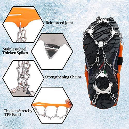 Crampons Traction Cleats Ice Cleats Snow Grips Grippers Anti Slip Stainless Steel Microspikes with 19 Spikes 1 Free Pouch for Men Women Boots Shoes Hiking Backpacking Mountaineering