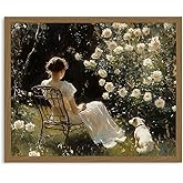 XMMPOT Vintage Framed Canvas Wall Art - Home Decor Vintage American Country Classical Oil Painting Print, Blonde Woman Reading with Dog in Floral Garden Poster for Bedroom Wall Decor 12x15in