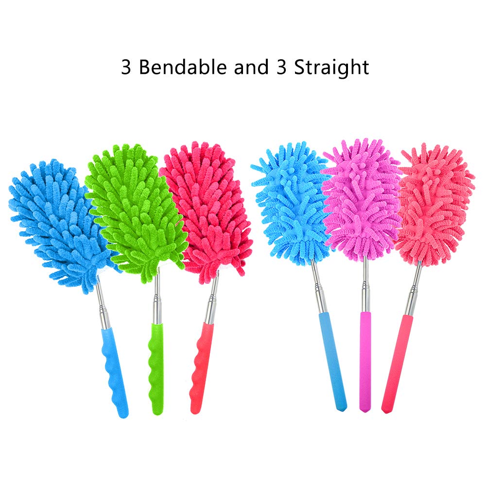 mifengdaer 6 Pack Bendable Microfiber Duster Extendable Dusting Brush Washable Duster, 3 Bendable and 3 Straight