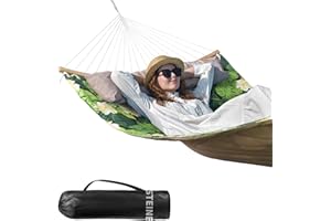 BATHONLY Double Hammock, 11 FT Quilted Fabric 2 Person Hammock for Outside with Pillow, Folding Curved Spreader Bar, Chains, Carrying Bag, Indoor Outdoor, 450 IB Capacity, GreenLeaves