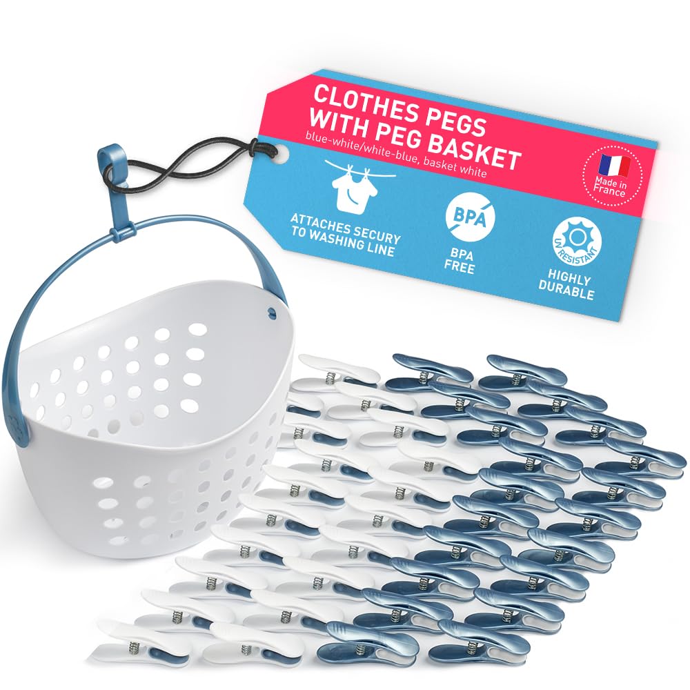 culiclean Clothes Pegs for Washing Line – Clothes Peg and Bag Set with Peg Basket for Washing Line – Washing Peg and Basket with Hanger – 40 Pegs, 1 Holder – blue-white/white