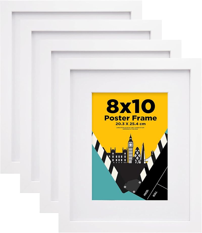 EGOFINE 10x8 Picture Frame Solid Wood with Mats 7x5 6x4, White 4 Pack