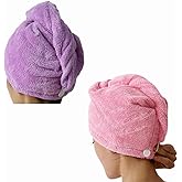 Hair Towel Wrap, 2 Pack Instant Dry Hair Towel, Super Absorbent Microfiber Hair Towel with Button,Quick Dry Hat for Women, Ha