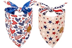 CROWNED BEAUTY 4th of July Patriotic Dog Bandanas Reversible 2 Pack, American Hearts Set, Stars Adjustable Triangle Holiday Scarves for Medium Large Extra Large Dogs Boy Girl Pets DB120-L