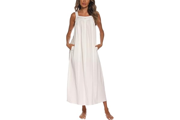 YOZLY Cotton Nightgowns for Women Embroidery Sleeveless Night Gown with Pockets S-XXL