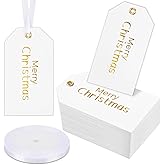 100PCS Christmas Gift Tags, Gold Foil Merry Christmas Tags with Satin Ribbon Personalized Hang Tag for Gift Wrapping Xmas Holiday Party Supplies Stocking Stuffers