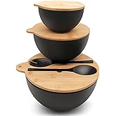 ECOWAY Salad Bowls Set of 3 with Seal Lid & Serving Utensils, Bamboo Fiber Mixing Bowls Set Large Serving Bowls & Storage Set with Bamboo Lid for Salad, Kitchen Eating, Pasta, Popcorn, Fruit, Black