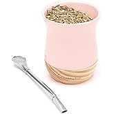 BALIBETOV Traditional Yerba Mate Cup & Bombilla Set | 8 Ounce Ceramic Mate Cup with Wooden Base | Includes 1 Bombilla Straw | Easy to Clean Design (Pink)