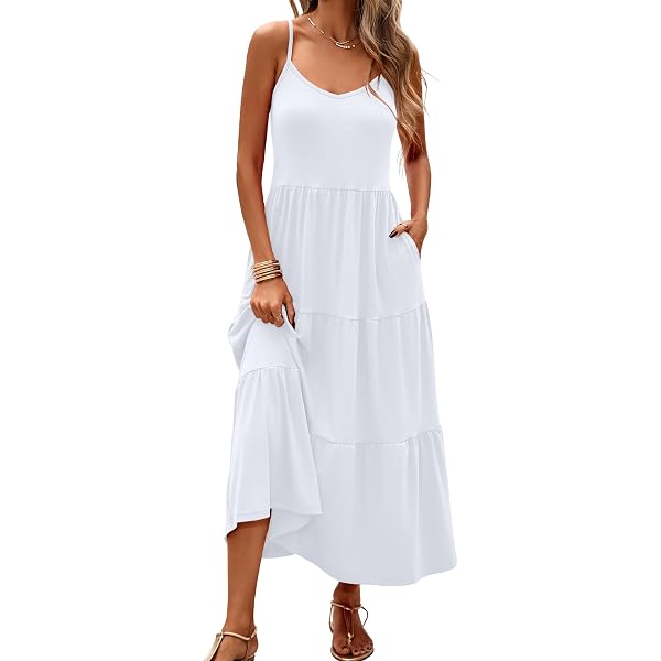GGUHHU Women's Loose Fit Linen-Cotton Maxi Dress – Sleeveless, Baggy Style With Side Pockets, White