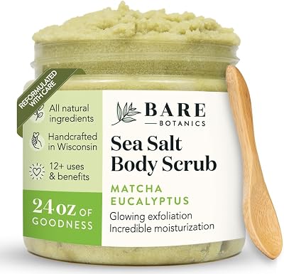 Bare Botanics Matcha Eucalyptus Sea Salt Body Scrub 24oz Natural Vegan Cruelty
