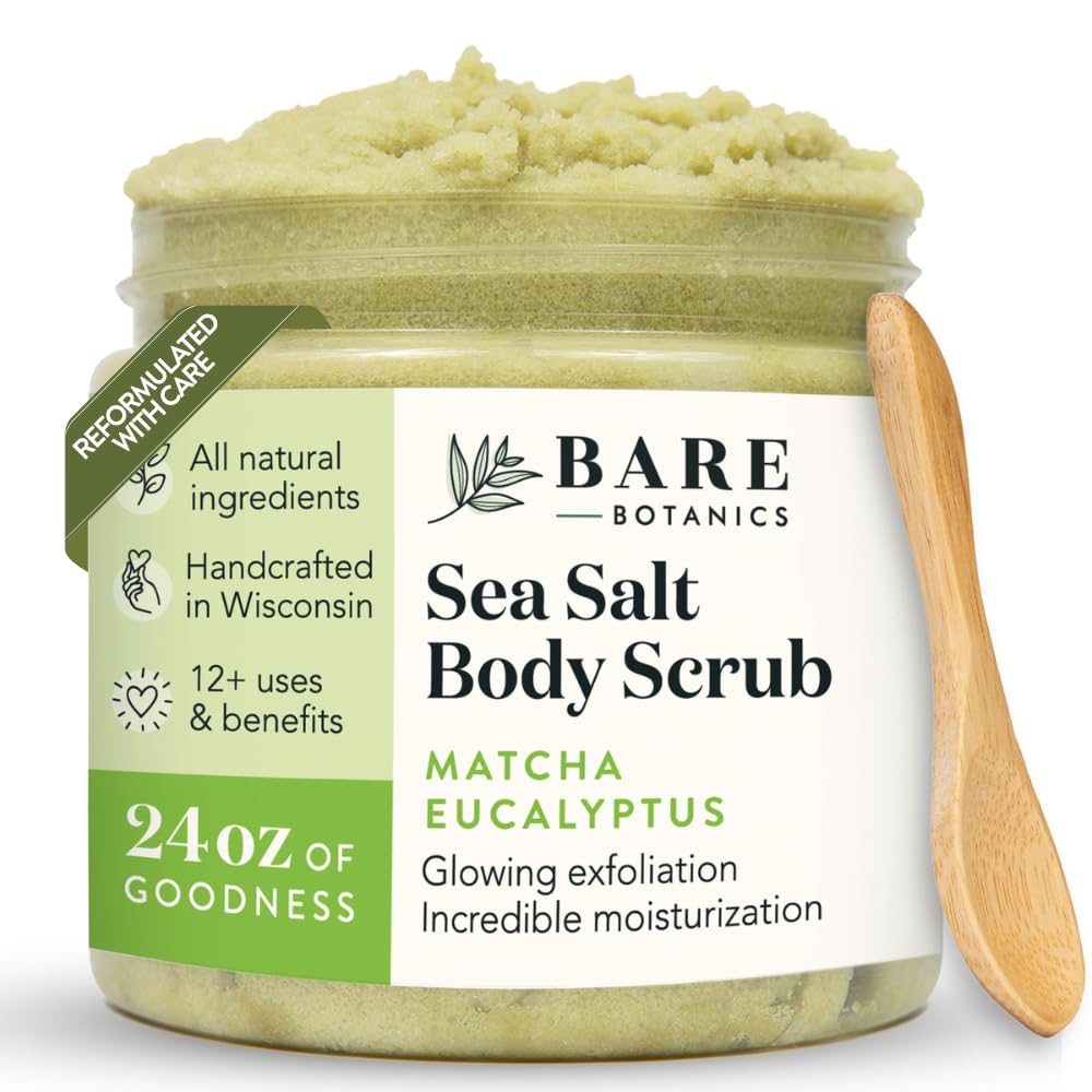 Bare Botanics Matcha Eucalyptus Body Scrub 24oz | Made in USA | All Natural Sea Salt Scrub w/Skin Loving Moisturizers | Vegan & Cruelty Free | Ready to Gift w/a Cute Wooden Spoon