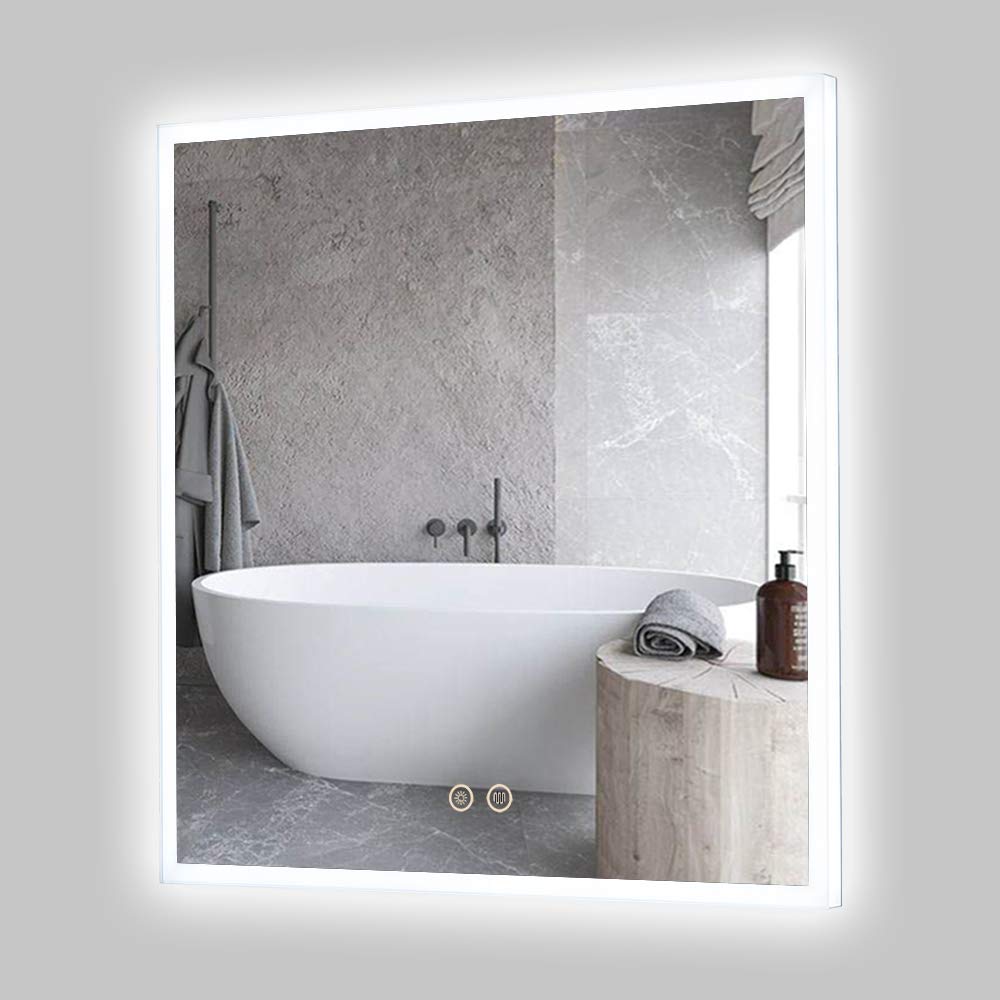 PetusHouse LED Bathroom Vanity Mirrors, 28in X 28in Smart Bathroom Wall Mount Lighted Mirrors, Acrylic Frame, Dimmable Anti-Fog Touch Button Waterproof 6500Kelvin CRI>90 5MM Copper Free Mirrors