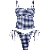 seamoly Women's Tankini Sets Sexy Open Back Two Piece Swimsuit High Cut Side Tie Thong Bathing Suit Floral Gingham Bikini