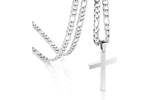 CaptainSteeL Cross Necklace for Men - Stainless Steel Silver/Gold Plain Cross Pendant Necklace Simple Jewelry Gifts, 24 Inches 3:1 Figaro Link Chain 4/5/6mm Width
