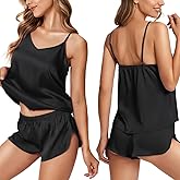 Ekouaer Silk Pajamas for Women Satin Cami Pjs Set V Neck Camisole Shorts Set Adjustable Strap Sleepwear