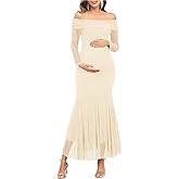 CYCLAMEN Sparkly Maternity Dress for Baby Shower Off The Shoulder Long Sleeve Mermaid Pregnancy Gown with Flowy Tail Hem