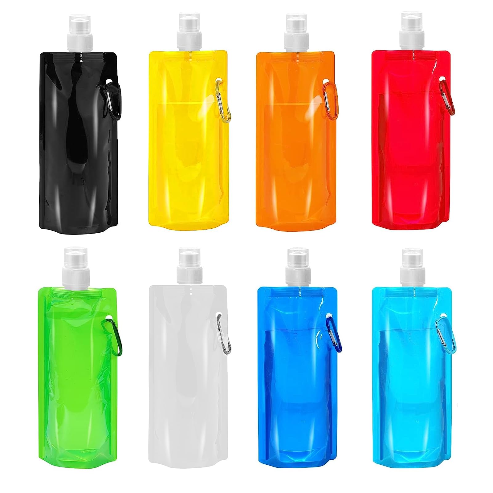 KHDULQ 8pcs Collapsible Water Bottle Plastic Water Bag，Foldable Sports Bottle,Reusable Drinking Water Bottle with Clip for Biking, Hiking Travel, Outdoor Activities，8 Colors