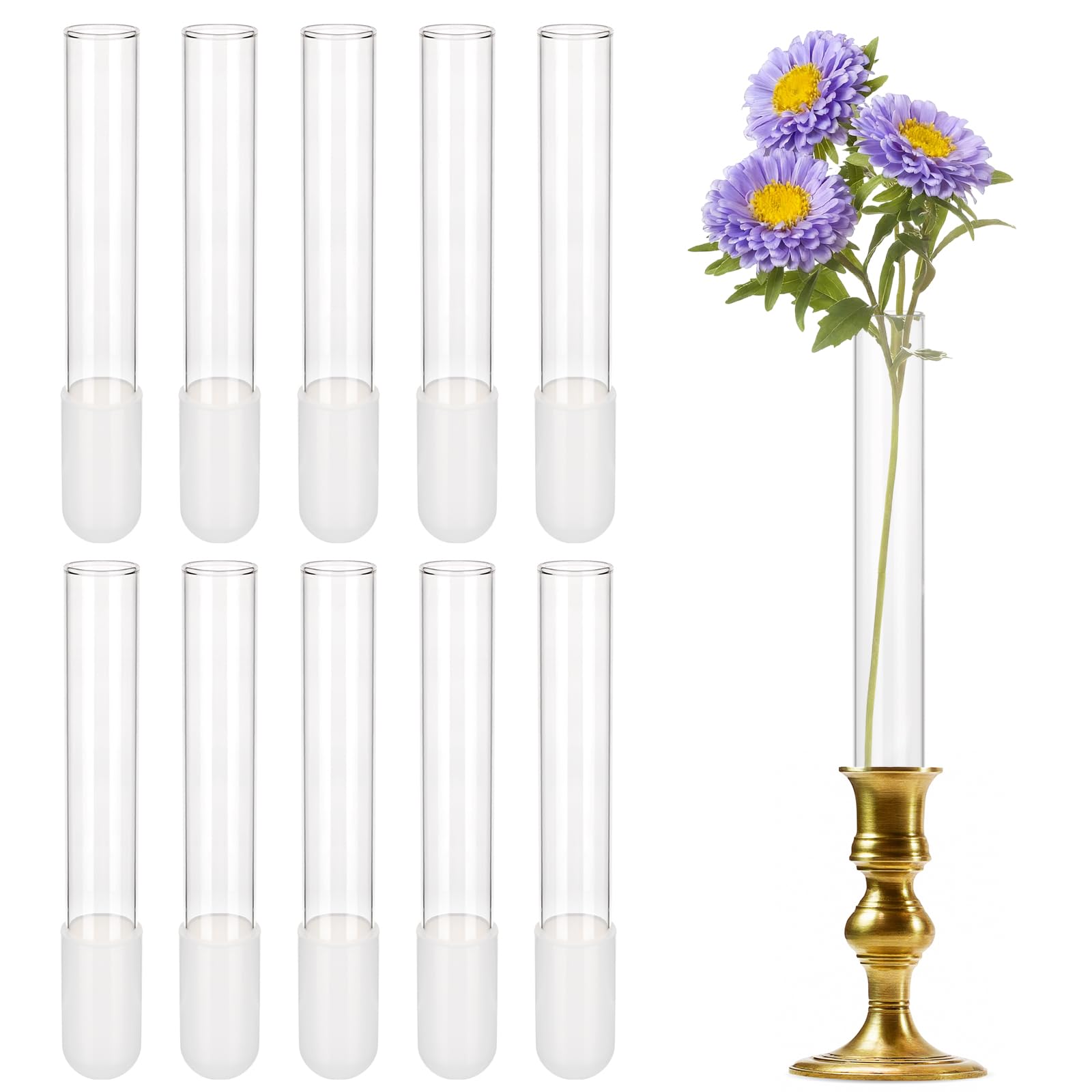 View 1 of 10 Pack Glass Cylinder Vases for Taper Candle Holders with Cuttable Silicone Sleeves (Fits 0.91" Candlestick Openings), Ideal for Dinner Parties, Home Accents, Event Decor, Wedding Arrangements