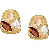 SWEETV Vintage Gold Statement Stud Earrings for Women Trendy, Antique Enamel Chunky Pearl Earrings, Big Crystal Earrings for Fashion Prom Jewelry Gifts