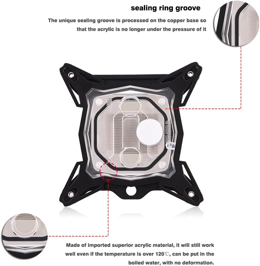 Richer-R CPU Water Cooling Block, Intel Compatible Red Copper Base, 4-Pin LED Light, Acrylic Material, default - Image 4