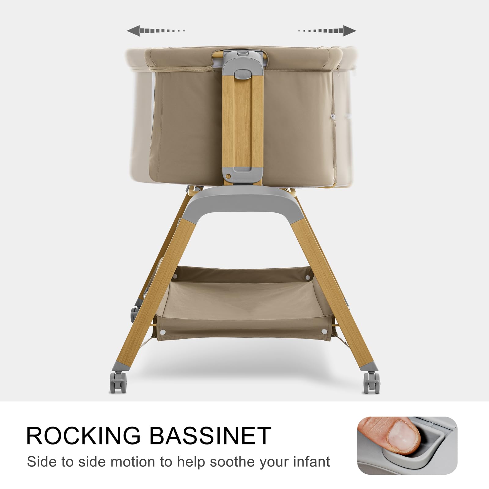 Jimglo 3 in 1 Baby Bassinet, Rocking Bassinets with Comfy Mattress and Wheels, Adjustable Height Bassinet Bedside Sleeper, Easy Folding Portable Crib for Newborn (Khaki)