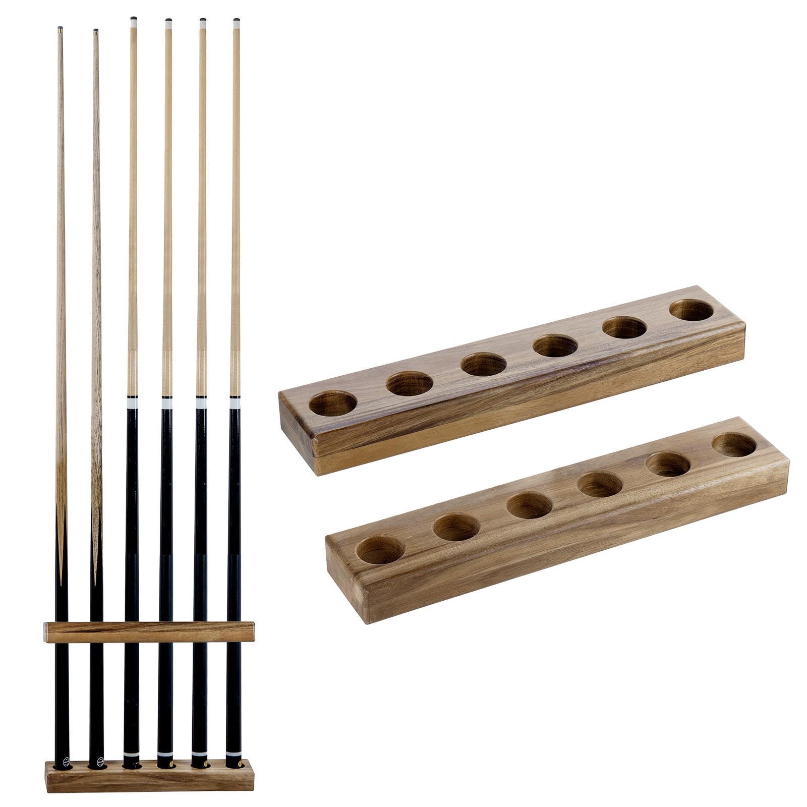 Photo 1 of MyGift Premium Solid Acacia Wood Wall Mounted Billiard Cue Stick Rack, Rustic Wooden Pool Hall Accessories Holder Shelf, Billiards Parlor Hanger for 6 Cues