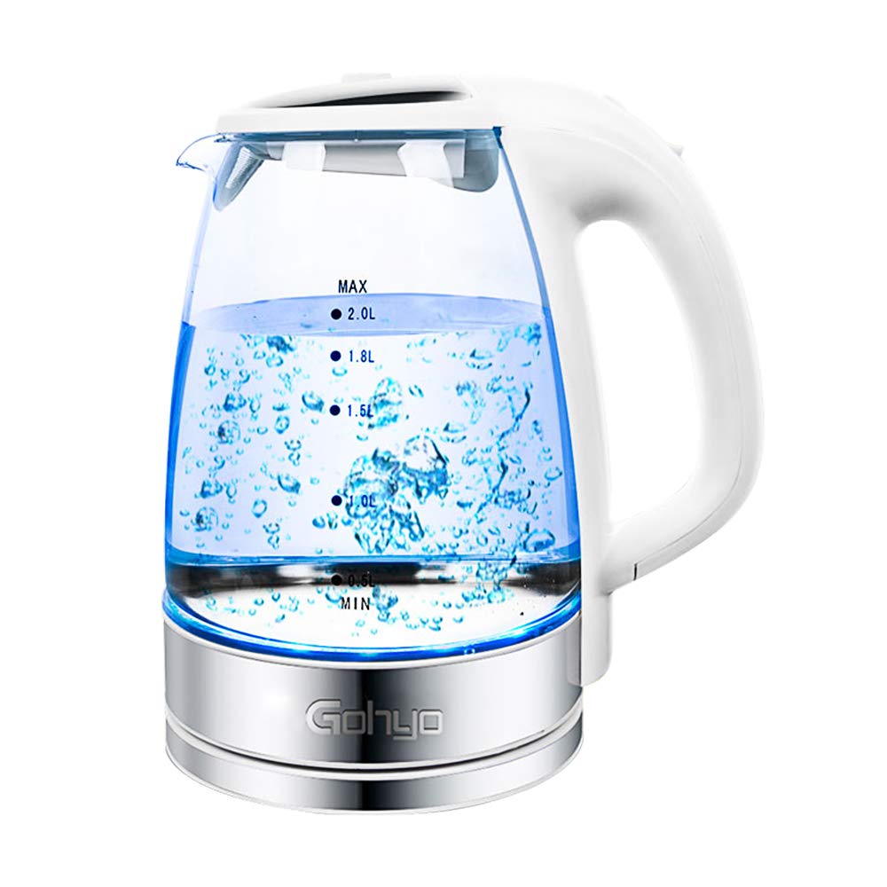 Gohyo 2-Liter Glass Electric Tea Kettle for Fast Boiling, Hot Water Heater Pot with Auto Shut off and Boil-Dry Protection, 1500W, FDA Approved, BPA-Free ( White )