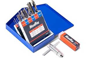 HIGHFIRE 18-Piece Metric Drill and Tap Set with 1 Piece T-Handle Ratchet, Black and Gold Premium HSS Jobber Length Drill Bits and Hand Plug Taps with Metal Indexed Box