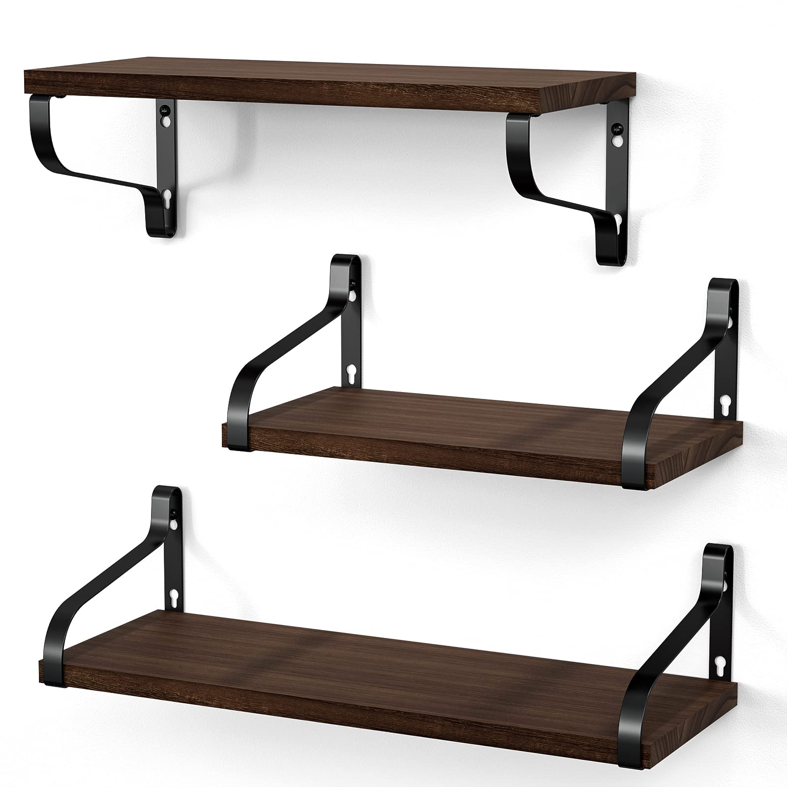 Love-KANKEI Rustic Shelves, Floating Shelves Wall Mounted Set of 3, Wall Shelf for Bedroom, Kitchen, Bathroom, Living Room, Office and More, Dark Walnut