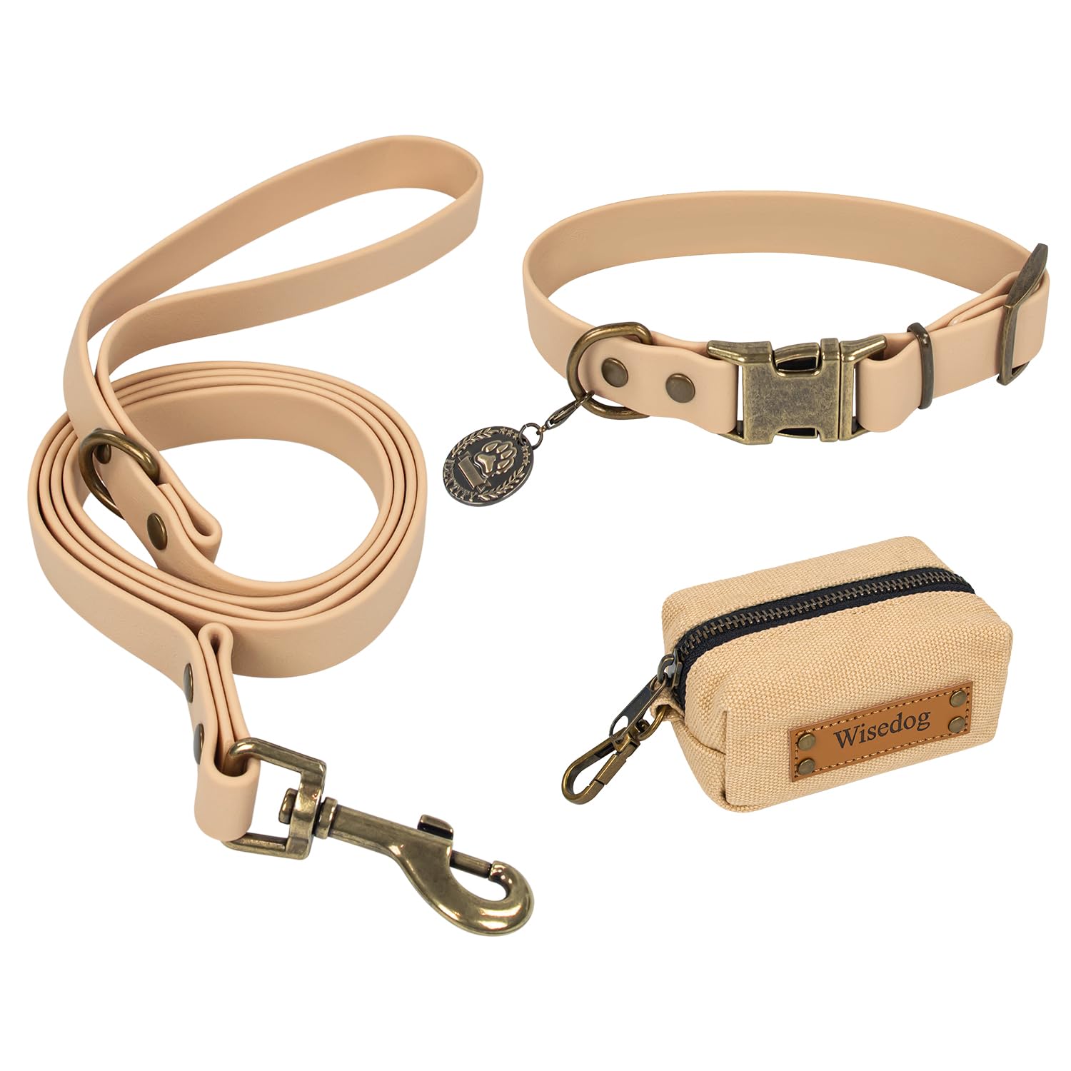 Photo 1 of Wisedog Dog Collar and Leash Set, Waterproof Adjustable Puppy Collars with Cute Tag 6FT Dog Leash with Poop Bag for Small Medium Large Dogs (S, Sand Color)