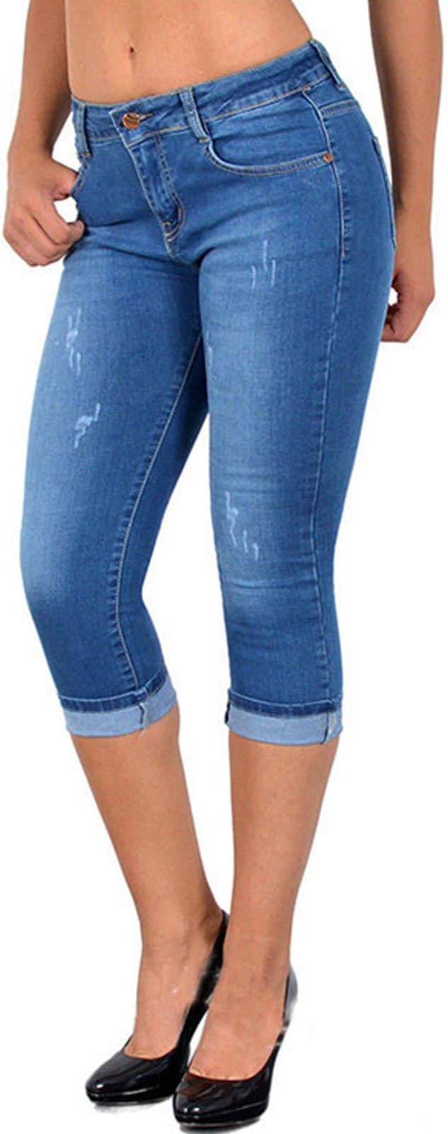 Capris Jeans para mujer con bolsillos, corte curvado, talle medio