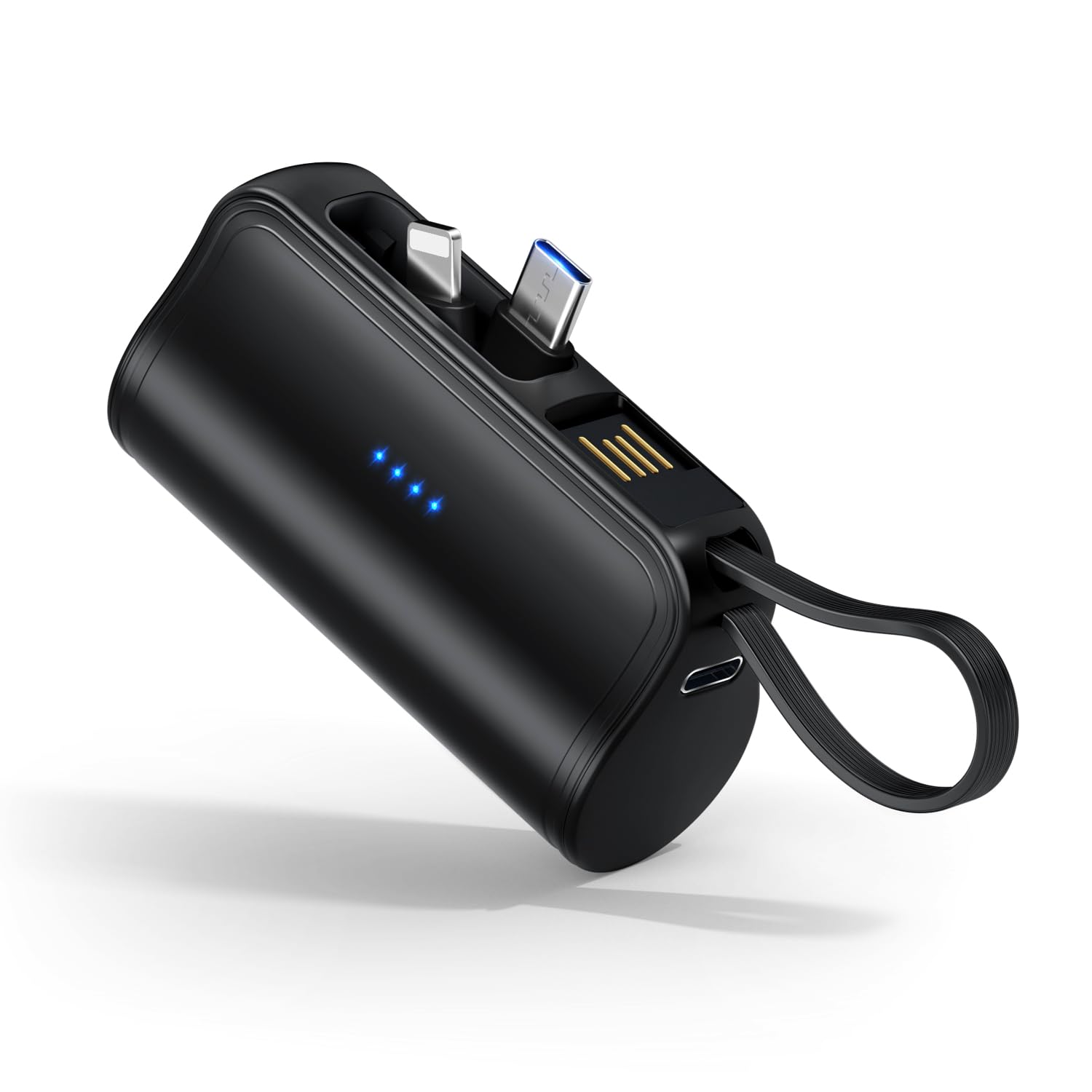モバイルバッテリー 軽量 小型 5000mAh 【改良モデル& MFi認証済み】携帯バッテリー Lightningコネクター & type-c コネクター内蔵 蓄電用ケーブル内蔵 直接充電 スマホ充電器 急速充電 コンパクト隠しスタンド搭載 持ち運び便利 98.5gコードレス旅行/出張PSE認