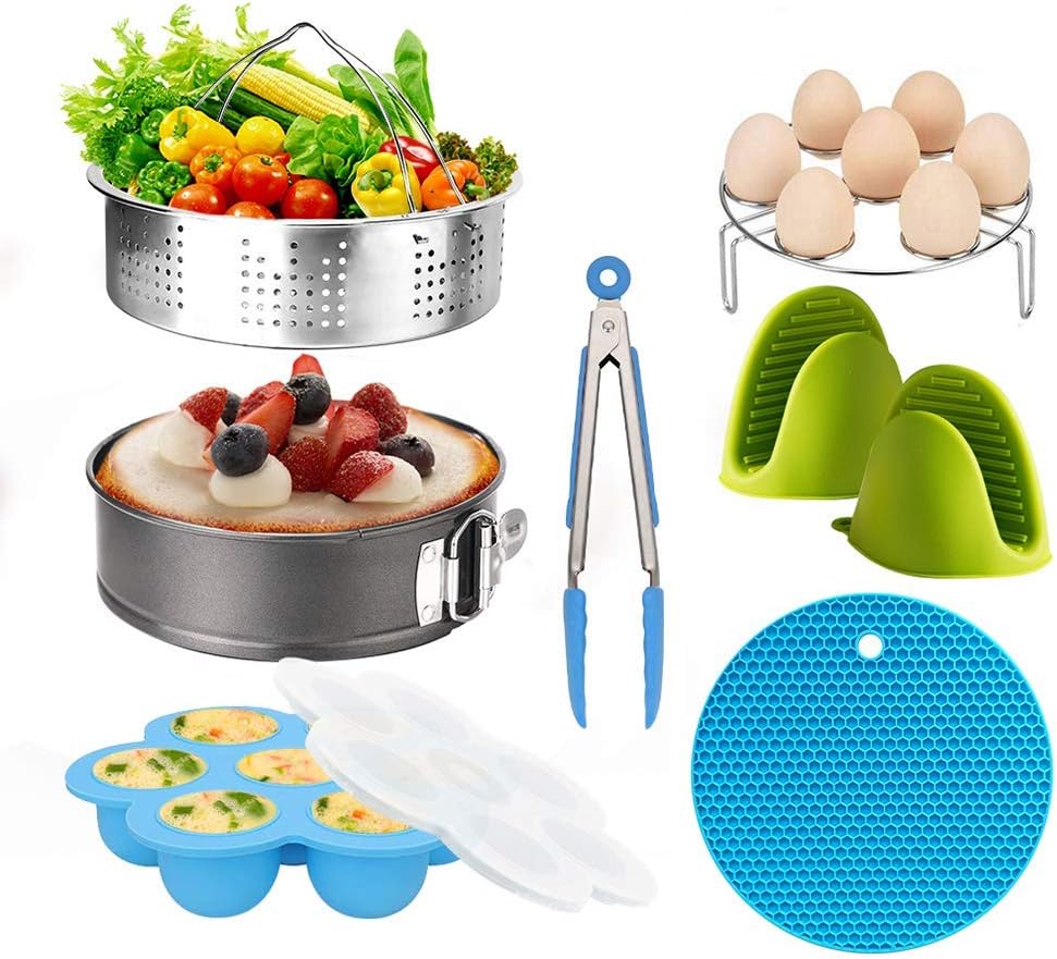 Pressure Cooker Accessories Set Steamer Basket, Egg Bites Mold, Egg Rack, Silicone Mini Oven Mitts, Food Tong, Insulation pads, Springform Pan Fits for 6/8 Qt IP Pot Models (8pcs) (Renewed)