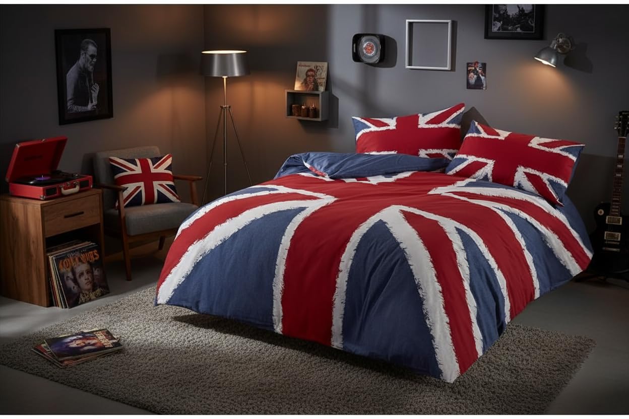 Rock N Roll Funky Union Jack British Uk Blue Red White Double Duvet Cover Bedding Bed Set, Blue
