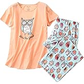 ENJOYNIGHT Womens Pajama Sets Cotton Pj Set Short Sleeve Top With Capri Pants Sleepwear 2 Piece Lounge Set