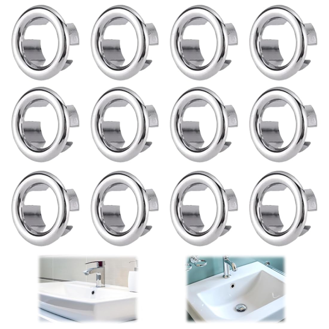 RAMGLYO 12 Pcs Sink Overflow Ring Sink Hole Replacement Overflow Hole Round Basin Overflow Trim Sink Hole Cap Drain Cap Cover Insert in Hole for Bathtub Kitchen Sink