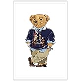Funny Teddy Bear Canvas Wall Art Trendy Bear In A Polo Shirt Poster Minimalist Animal Magazine Pictures Prints Painting For Home Bedroom Dorm Apartment Wall Decor 12x16in Unframed