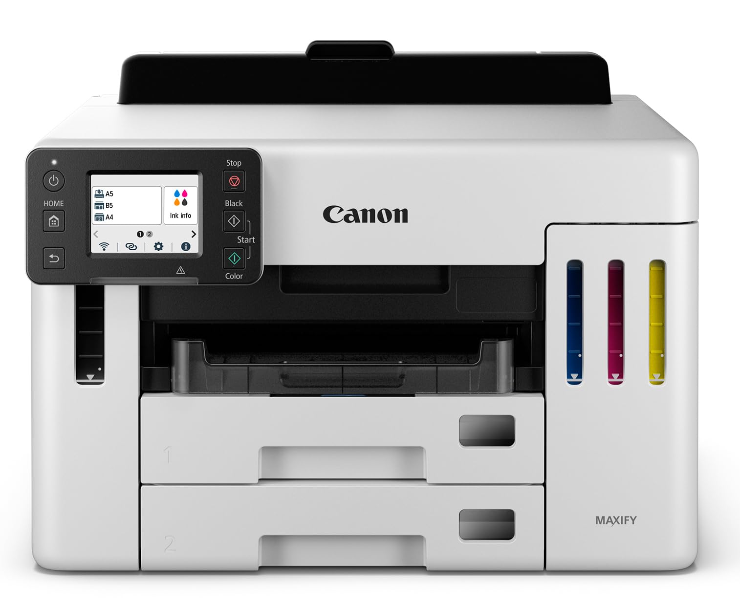 Canon MAXIFY GX5550 Tintenstrahldrucker MegaTank (Effizienter Drucker mit Duplexdruck, WLAN, LAN, 600 Blatt Kapazität, 14.000 Seiten, Wischfeste Ausdrucke, Drucker mit Tintentank) weiß