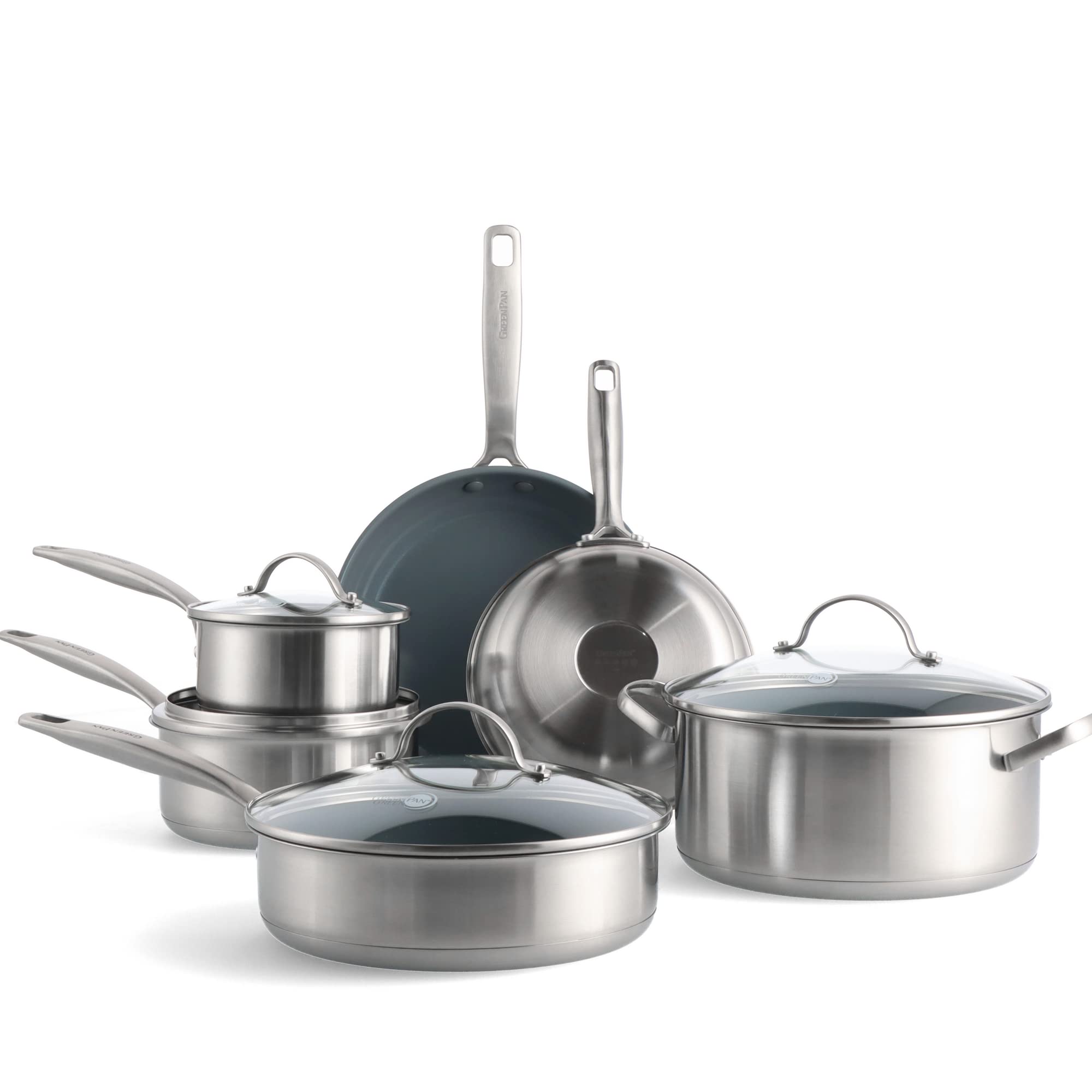 GreenPan Treviso Healthy Ceramic Non-Stick Stainless Steel Cookware, 10 pieces, Including Frying Pans Sauté Pan and Saucepan, PFAS-free, Induction, Oven Safe, Silver
