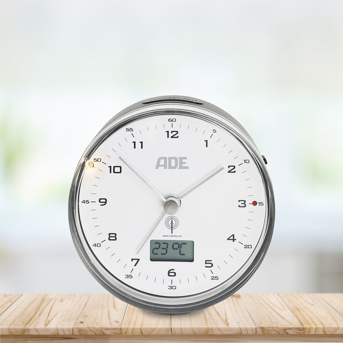 ADE CK1713 Radio Controlled Analogue Alarm Clock Plastic Clock and Thermometer – Black/White, 3.4 x 8.2 x 8.2 cm